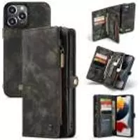 iPhone 13 Pro Max Bookcase hoesje - CaseMe - Effen Zwart - Leer - Portemonnee met 11 Vakjes voor Pasjes en Ritsvak