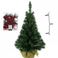 Mini kerstboom inclusief lampjes en wit/zilver/rode kerstversiering - Complete kerstboompjes met versiering