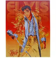 Elvis Presley Zingend In Rood En Geel Metalen Bord - 40 x 30 cm