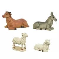 Set van 4 stuks polystone dierenbeeldjes os, ezel en schapen 12 cm - polystone dieren / kerststal dierenbeeldjes