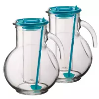 2x stuks glazen schenkkannen/karaffen met koelfunctie 2 liter - Sapkannen/waterkannen/schenkkannen