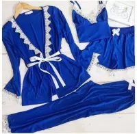 Dames Katoen Pyjama | 4-delige set | Katoen nachtkleding | Katoen nachthemd | Elegant Katoen Ochtendjas | Cadeau voor dames | Kleur: Blauw | Maat: XL