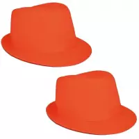 2x stuks neon oranje  trilby carnaval verkleed hoedje