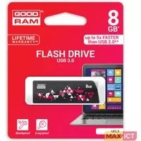 Goodram 8GB USB 3.0. Capaciteit: 8 GB, USB-versie: 3.0 (3.1 Gen 1), USB-Type-A-aansluiting, Leessnelheid: 60 MB/s, Schrijfsnelheid: 20 MB/s. Vormfactor: Glij. Gewicht: 10 g. Kleur