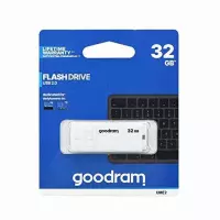 Goodram UME2. Capaciteit: 32 GB, Aansluiting: USB Type-A, USB-versie: 2.0, Leessnelheid: 20 MB/s, Schrijfsnelheid: 5 MB/s. Gewicht: 9 g. Kleur van het product: Wit