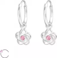 Joy|S - Zilveren bloem oorbellen Swarovski oorringen roze