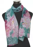 Sjaal dames - turquoise met roze bloemprint - Polyester