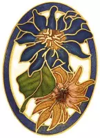 Behave® Dames Broche ovaal bloemen blauw bruin - emaille sierspeld -  sjaalspeld  5 cm
