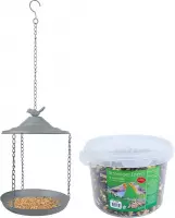 Metalen vogelbad/voederschaal hangend 30 cm met 4-seizoenen vogel strooivoer 2,5 kg